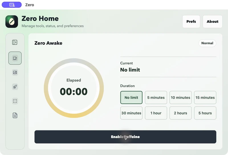macOS Zero main window with Awake status dial, duration options and tool sidebar