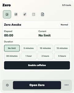 macOS Zero quick panel with one row of tool icons and compact Awake controls